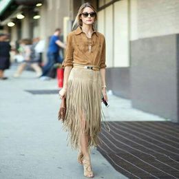 Skirts Fringe Suede Skirt Women Elegant High Waist Long Tassel Outfits Female Clothing Stylish Street Hight Qulity Khaki Black