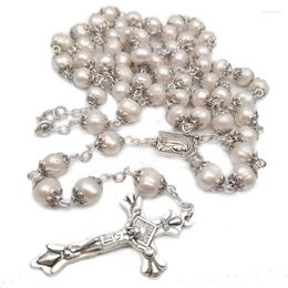 Pendant Necklaces Catholic White Natural Pearls Long Chain Necklace Virgin Holy Jesus Cross Rosary Beads Religious Prayer Jewellery