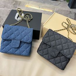 1990 Vintage Dark Blue Denim Square Mini Flap Bags Gold Metal Hardware Matelasse Chain Crossbody Shoulder GHW Purse Cosmetic Case Designer Handbags 17X16CM