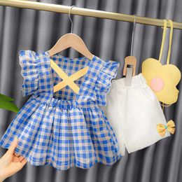 LZH Sommer Gitter Kostüm Für Mädchen Sets Kurzarm Shorts PCs Outfit Lässige Neugeborene Baby Kleidung Kleinkind Kinder Anzug