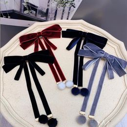 Hair Accessories Handmade Velvet Ribbon Bow With Long Tassel Ornament Felt Beads Clip Pins Grips 3 Layer Superior QualityHair