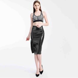 Skirts Shiny Leather Skirt Slim Split Women Sexy Bodycon Clubwear High Waist Vintage Long Office Pencil Package Hip Clothing