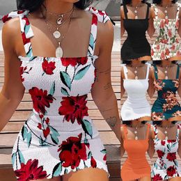 Casual Dresses Women Ladies Sleeveless Strap Sexy Miniskirt Summer Floral Printed Lace Up Sling Party Solid Dress Tight Club Robe 2023