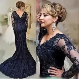 Royal Blue Mermaid Lace Appliqued Mother Of The Bride Dresses Appliques Beads Long Sleeves Formal Evening Gowns Plus Size Mother Dress BA4088