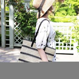 Casual Striped Large Straw Tote Bag Simple Paper Woven Women Shoulder Bags Summer Beach Handbags Holiday Sea Big Shopper Purses 230214