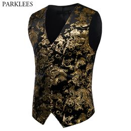 Men's Vests Mens Gold Metallic Paisley Printed Steampunk Vest Single Breasted V Neck Wedding Waistcoat Men Tuxedo Aristocrat Vests Gilet 2XL 230214