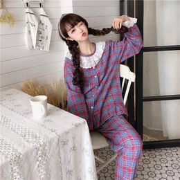 Women's Sleepwear Cute Colourful Plaid Pyjamas Set Women Autumn Winte Home Suit Long Sleeve Fancy Lace Top Pants 2 Piece Pyjamas