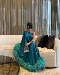 Party Dresses Luxury Dubai Green Feathers Satin Evening One Shoulder Prom Pleat Ruched Saudi Arabic Women Formal Gowns 230214