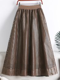 Skirts TIGENA Women Leather Skirt Autumn Winter Fashionable Hollow Out Solid Brown Green A Line High Waist Midi Long Skirt Female 230214