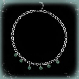 Chains Green Round Simulation Jade Pendant Tassel Necklace For Women Silver Colour Thick Chain Metal Niche Elegant Jewellery Gift