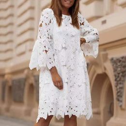 Casual Dresses Fashion White Embroidered Summer Dress Women Elegant O Neck Half Sleeve Pullover Dress Ladies Casual Hollow Loose Dresses 230214