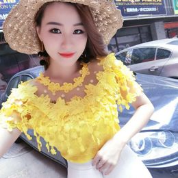 Women's Blouses Spring 2023 Summer Sexy Floral Women's Blouse Short Sleeve Crocheted Hollow-out Fashion White Lace Top Bottom Shirt