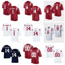 Ole Miss Rebels NCAA College 14 DK Metcalf Jersey Football 22 Deuce McAllister 1 AJ Brown Dexter McCluster Elijah Moore Women Men Youth