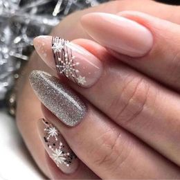 False Nails 24pcs DIY Manicure Full Cover French Snowflake Fake Christmas Long Almond