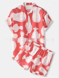 T-shirt da uomo 2 pezzi da uomo con stampa di sculture Set di abbigliamento da spiaggia in stile hawaiano, manica corta da mare, camicia con collo a bavero, pantaloncini in vita elastica