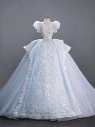 Halskettenkugelkleid elegante Hochzeitskleider Schöne Ärmel Batteau Spitze Applikzen Kleider Langes Brautkleid Vestidos de Novia