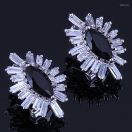 Backs Earrings Gorgeous Marquise Black Cubic Zirconia White CZ Silver Plated Clip Hoop Huggie V0895