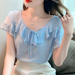 Women's Blouses Ladies Top Chiffon Blouse Ruffle Lace Up Elegant Short Sleeve Loose Shirt Office Women Casual Tops Blusa 016i