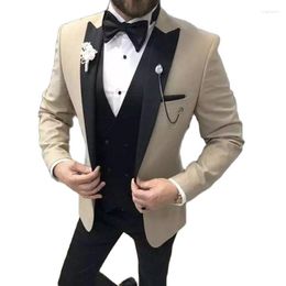 Men's Suits Beige Men Slim Fit For Wedding Groom Tuxedo Peaked Lapel 3 Piece Formal Male Fashion Jacket With Black Pants Vest 2023