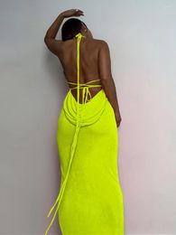 Casual Dresses Yellow Maxi Dress Elegant Backless Draped Bodycon Evening Party Women Summer Sexy Long Straps Sleeveless Night Club