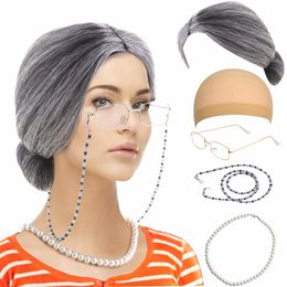Eyeglasses chains Old Lady Costume SetGrandmother Wihte Grey Wig Wig Caps Madea Granny Glasses Eyeglass Retainer Chain Pearl Necklace 230214