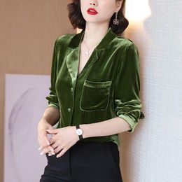 Women's Blouses Golden Velvet Blouse Top Female Design Sense Niche Light Cooked Retro Shirt Solid V -neck Casual