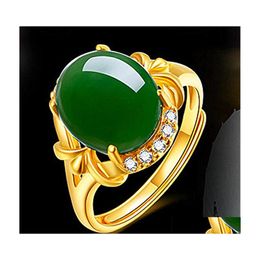 Cluster Rings Classic Ethnic Gold Plated Hetian Jasper Ring Inlaid Jade Chrysoprase Open Mouth Adjustable Innovative Drop Delivery Je Dhuht