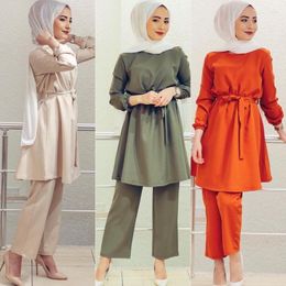 Ethnic Clothing Women Autumn Blouses Fashion Muslim Sets Long Sleeve Turkish Pants Abaya Solid Tunic Islamic 2PCS