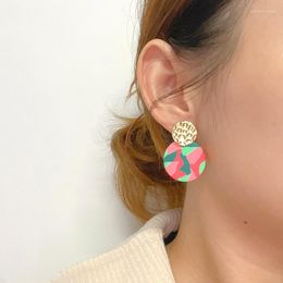 Stud Earrings Fashion Polymer Clay Earring Contrast Color Big Round Beaten Metal Disc Statement For Women Jewelry 2023 Trend