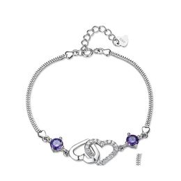 Link Chain Sier Heart To Link Bracelet Fashion Female Models Cute Vintage Wild Super Flash Jewellery Purple Crystals Bracelets Drop De Dhwqm