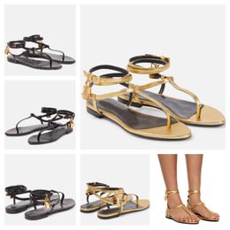 2023 Summer Luxury Padlock Women's Sandal Shoes Thong Party Wedding Sandalias Shoe Crisscross Ankle Straps Lady Comfort Flat With Box,EU 35-43 Original Box