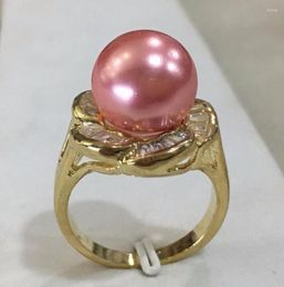 Cluster Rings Lady's 18kgp Inlay Crystal Flower Shape 12mm Pink Shell Pearl Fashion Ring SIZE 6/7/8/9/10