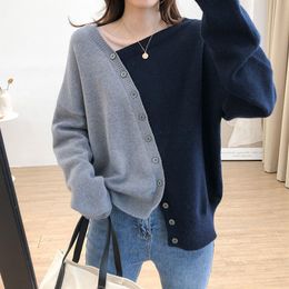 QNPQYX Preppy Female Irregular Spliced Skew Collar Sweaters Fashion All-match Contrasting Colors Button Loose Knitted Cardigan