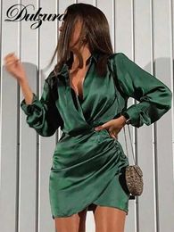 Casual Dresses Dulzura Solid Satin Women Long Sleeve V Neck Ruched Wrap Mini Dress Bodycon Sexy Party Elegant 2022 Autumn Winter Clothes T230210