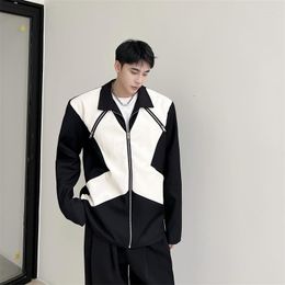 Men's Jackets Mens Black White Splice Zipper Japan Korean Streetwear Fashion Loose Casual Jacket Net Celebrity Coat Male Outerwear
