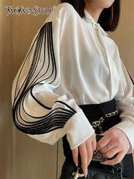 Women's Blouses Shirts TWOTWINSTYLE Straight Patchwork Shirt For Women Lapel Lantern Sleeve Colorblock Loose Blouses Female Clothing Style Fashion 230215