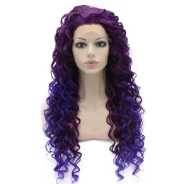 26" Extra Long Two Tone Purple Curly Wig Heat Friendly Synthetic Hair Lace Front Party Wig