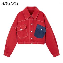 Women's Jackets 2023 Autumn Winter Short Style Red Women Single-breasted Casual Denim Outerwear Fashion Female Loose Tops