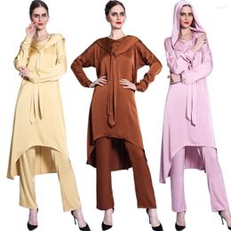 Ethnic Clothing Dubai Turkey Abaya Women Hooded Long Sleeve Tops Blouse Pant Set 2 Pieces Muslim Islamic Satin Kaftan Middle East Gown
