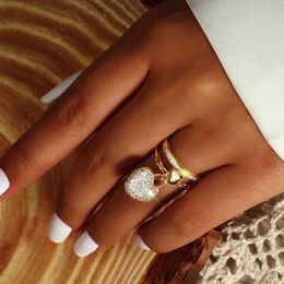 Band Rings Rose Gold Silvery Heart Pendant Zircon Rings For Women Adjustable Engagement Promise Finger Ring Female Wedding Jewelry 2021 G230213