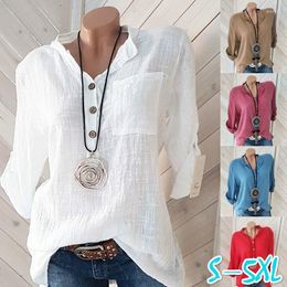 Men's Sweaters Oversized Women Blouses Cotton Linen Blouse Autumn Shirts Casual Long Sleeve Button V Neck Loose Shirt Lady Tops