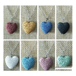 Pendant Necklaces Heart Lava Rock Bead Volcano Necklace Aromatherapy Essential Oil Diffuser Black Stainless Steel Chain Jewellery Drop Dh8Ov