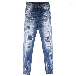 Men's Jeans High Street Fashion Brand Light Color Slim Small Feet Men'S Hole Patch Casual All-Match Straight Pencil For Men
