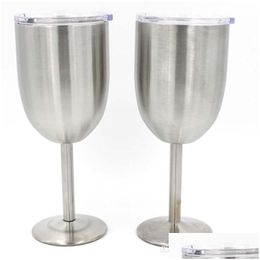 Wine Glasses Sier 10Oz Goblets Double Layer Stainless Steel Cup Beer Coffee Glass With Lid Drop Delivery Home Garden Kitchen Dining Dhih4