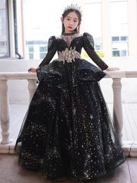 Lovely Black flower girl dress Girls Pageant Gowns 2023 Gold Sequins Tulle Ball Gown Kids Formal Dresses For Wedding Baby crystal birthday party gown