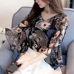 Women's Blouses Spring 2023 Summer Women Shirt Flower Print Chiffon Tops Half Sleeve Peacock Ruffled V-Neck Loose 660E