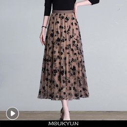 Skirts MOUKYUN Mesh Floral Skirt Women Spring Elegant Coffee Long Gauze Korean Fashion High Waisted Puff Tutu Midi Faldas