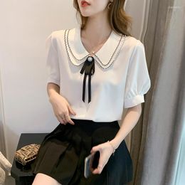 Women's Blouses Blusas Mujer De Moda 2023 Elegantes Bow Double-layer Collar Chiffon Shirt Women's Summer Loose Top Solid Colour 829E