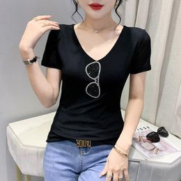 Women's T Shirts #6833 Black White Short Sleeve Shirt Women Cotton Diamonds Sexy Skinny Female V-neck Thin Korean Style ShirtWo