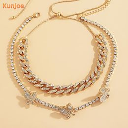 Chains KunJoe 2pcs/set Luxury Crystal Butterfly Necklace Charm Miami Curb Cuban Chain Hip Hop Rapper Gift For Women Jewellery